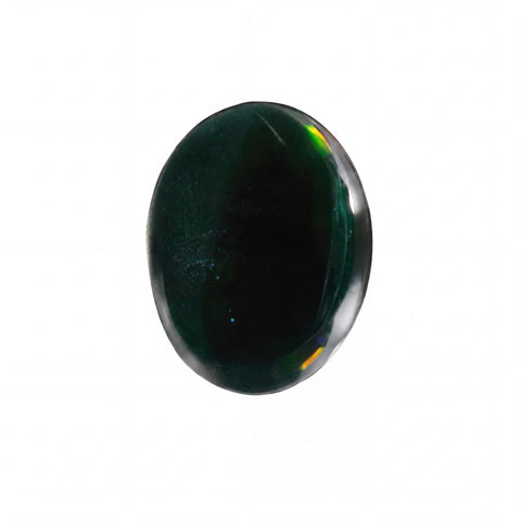 A single polished oval gemstone with a deep dark green body and iridescent rainbow flashes along its curved surface, isolated on a solid white background.