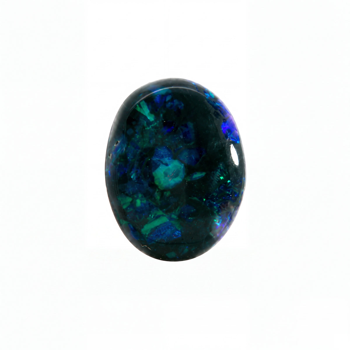 A polished oval cabochon gemstone featuring a deep black base with vibrant blue, green, and teal iridescent opal-like flashes, set against a plain white background.