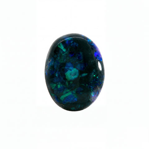 A polished oval cabochon gemstone featuring a deep black base with vibrant blue, green, and teal iridescent opal-like flashes, set against a plain white background.