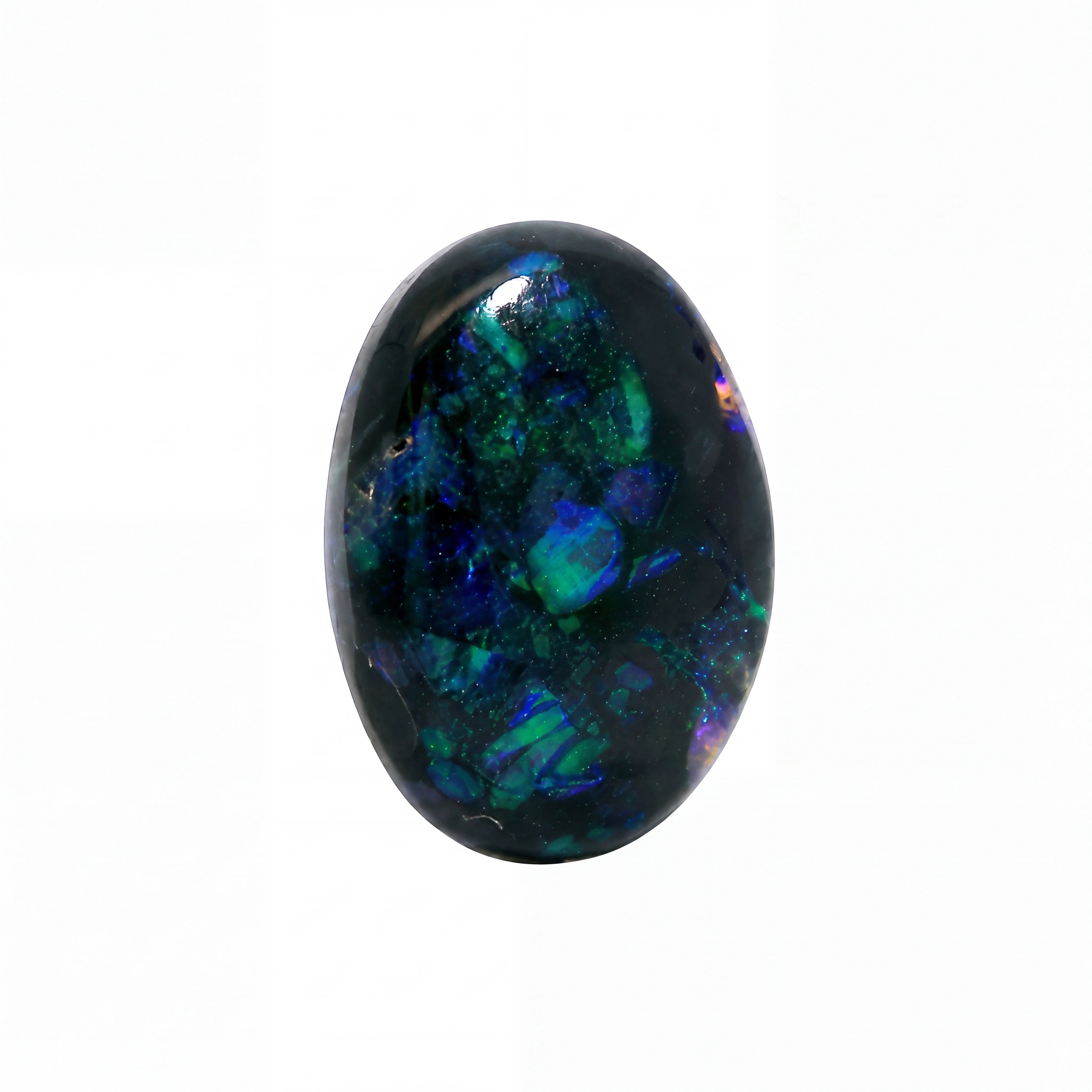A polished oval cabochon gemstone featuring a dark base with vibrant flashes of blue, green, and purple iridescence, set against a plain white background.