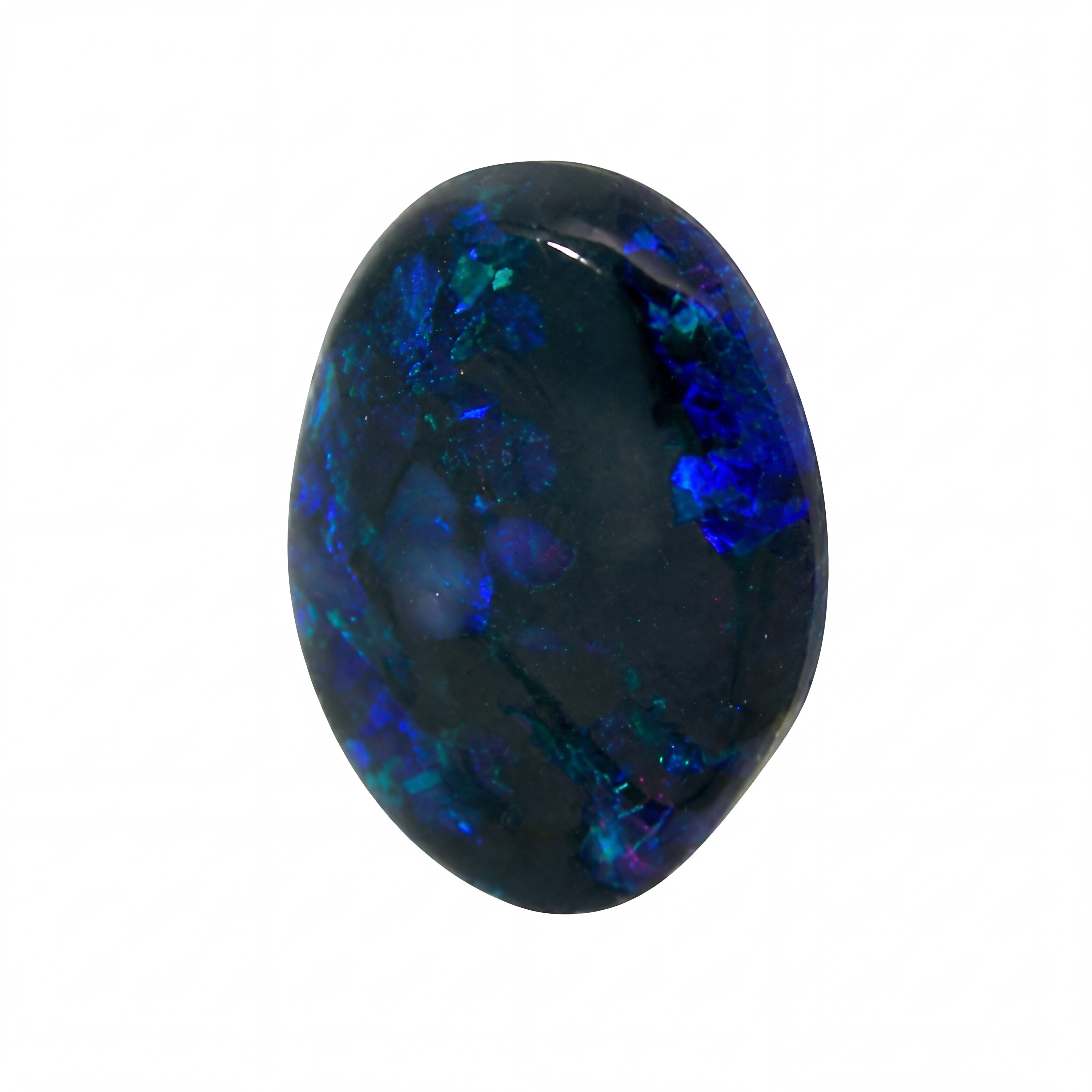 A polished oval cabochon gemstone featuring a deep black base with vibrant blue, green, and purple iridescent opal patterns, isolated on a solid white background.