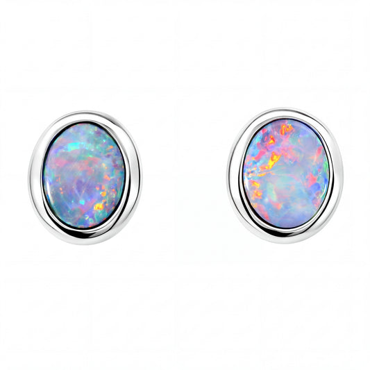 Doublet Opal Earrings in 14K White Gold (Multicolour)