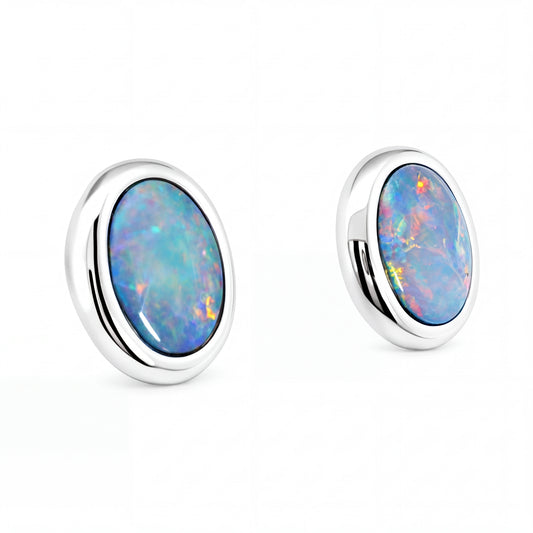 Doublet Opal Earrings in 14K White Gold (Multicolour)