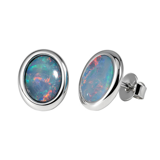 Doublet Opal Earrings in 14K White Gold (Multicolour)