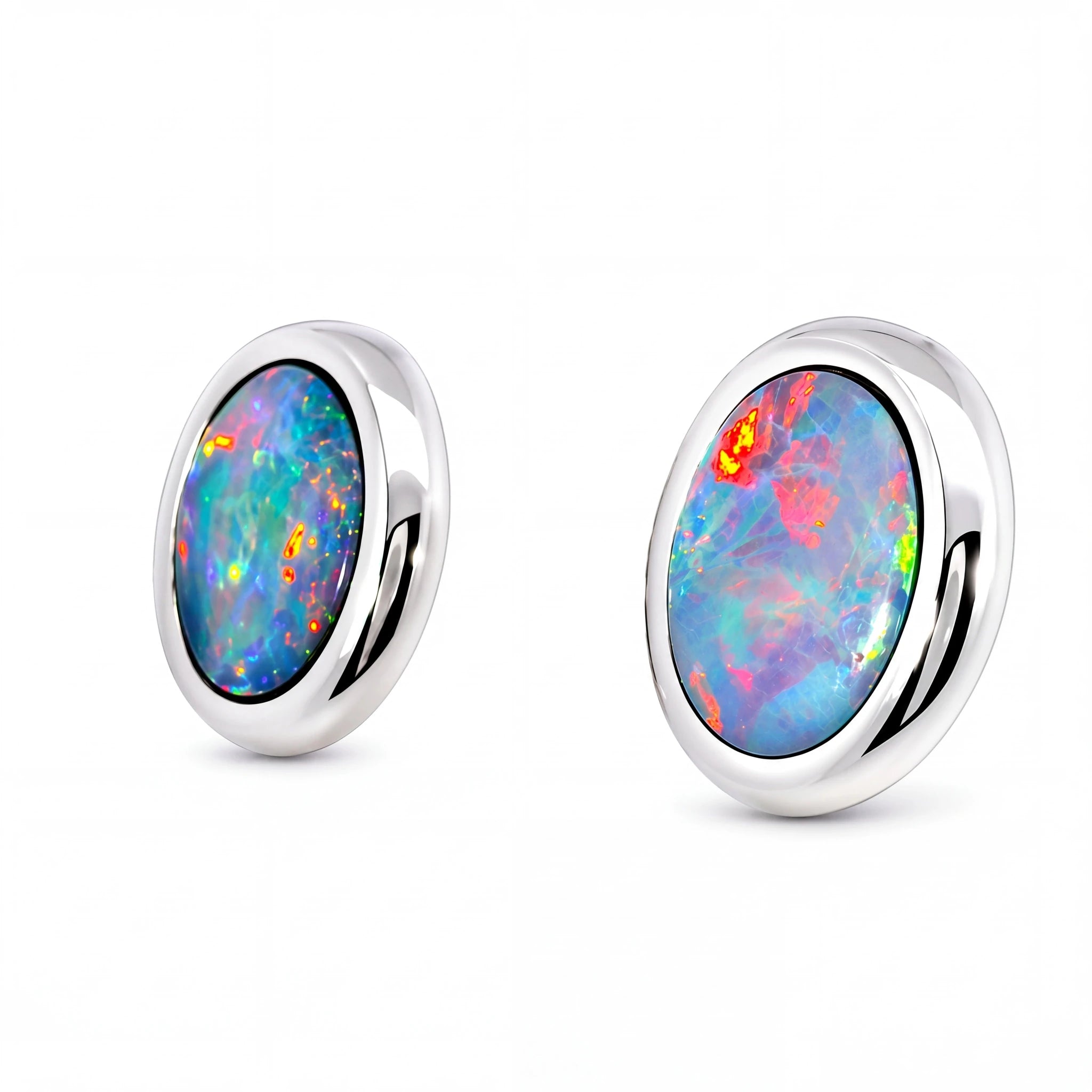 Doublet Opal Earrings in 14K White Gold (Multicolour) - Australian Opal Cutters and Pearl Divers