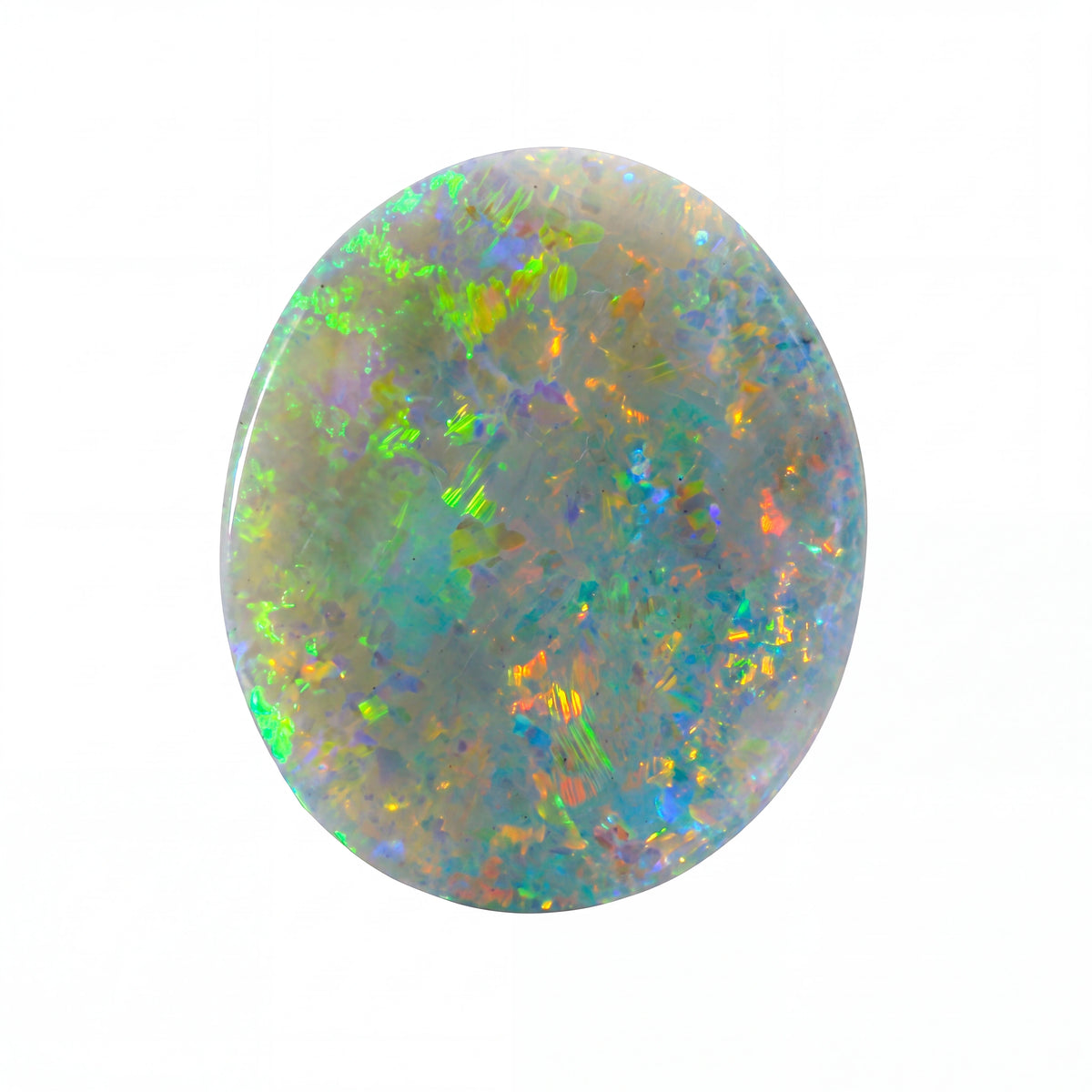 A polished oval cabochon opal gemstone displaying a vibrant play-of-colour with green, blue, orange, and purple flashes on a white background.