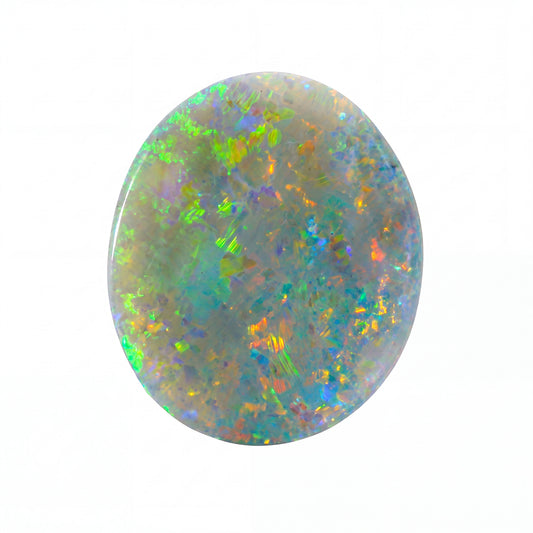 A polished oval cabochon opal gemstone displaying a vibrant play-of-colour with green, blue, orange, and purple flashes on a white background.