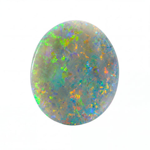 A polished oval cabochon opal gemstone displaying a vibrant play-of-colour with green, blue, orange, and purple flashes on a white background.