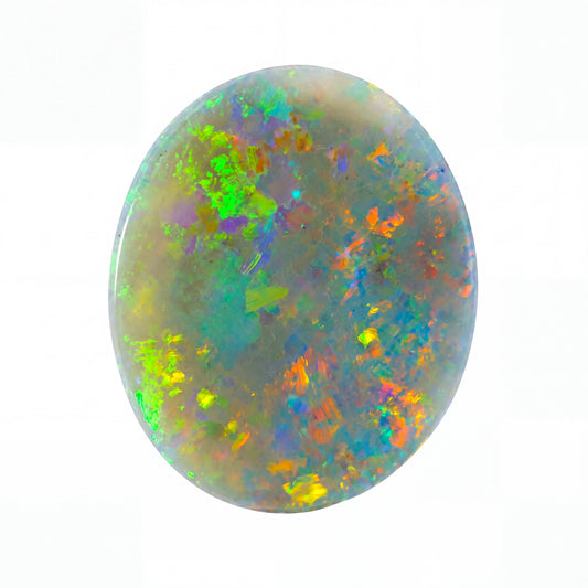 A polished oval cabochon opal gemstone displaying a vibrant play-of-colour with green, blue, orange, and purple flashes on a white background.