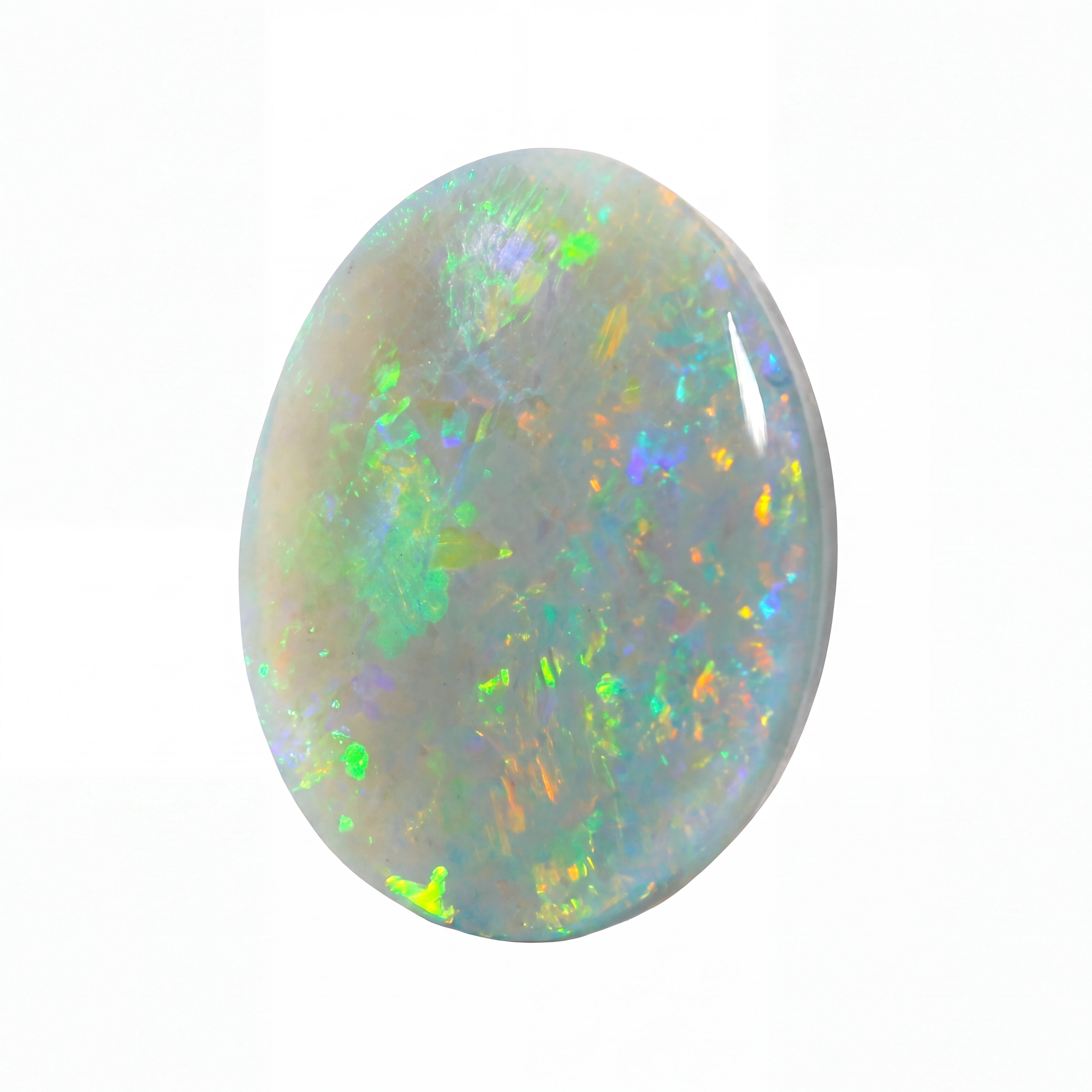 A polished oval cabochon opal gemstone displaying a play-of-colour with vibrant flashes of green, blue, orange, and purple on a white and grey base, isolated on a solid white background.