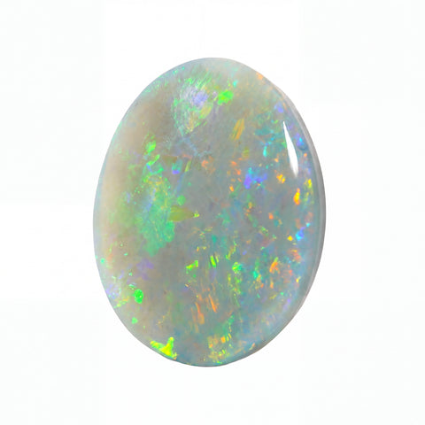 A polished oval cabochon opal gemstone displaying a play-of-colour with vibrant flashes of green, blue, orange, and purple on a white and grey base, isolated on a solid white background.