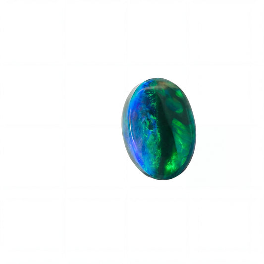 A single oval cabochon gemstone with vibrant iridescent colors of blue, green, and purple, isolated on a solid white background.