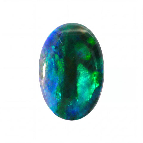 A polished oval cabochon gemstone featuring vibrant green and blue iridescent play-of-colour on a solid white background.