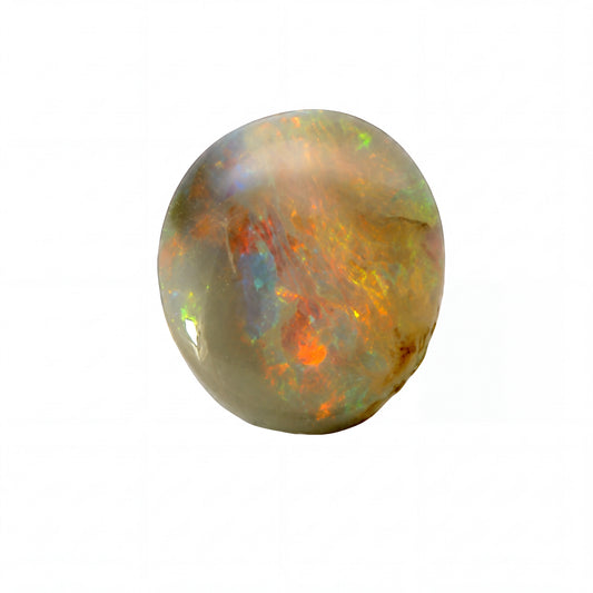 A polished oval cabochon gemstone with a mottled play-of-colour pattern featuring orange, green, blue, and brown hues on a light grey base, isolated on a white background.