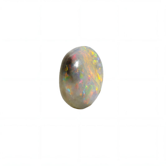 A single polished oval opal gemstone with iridescent flashes of yellow, green, pink, and blue on a light grey base, centered on a plain white background.