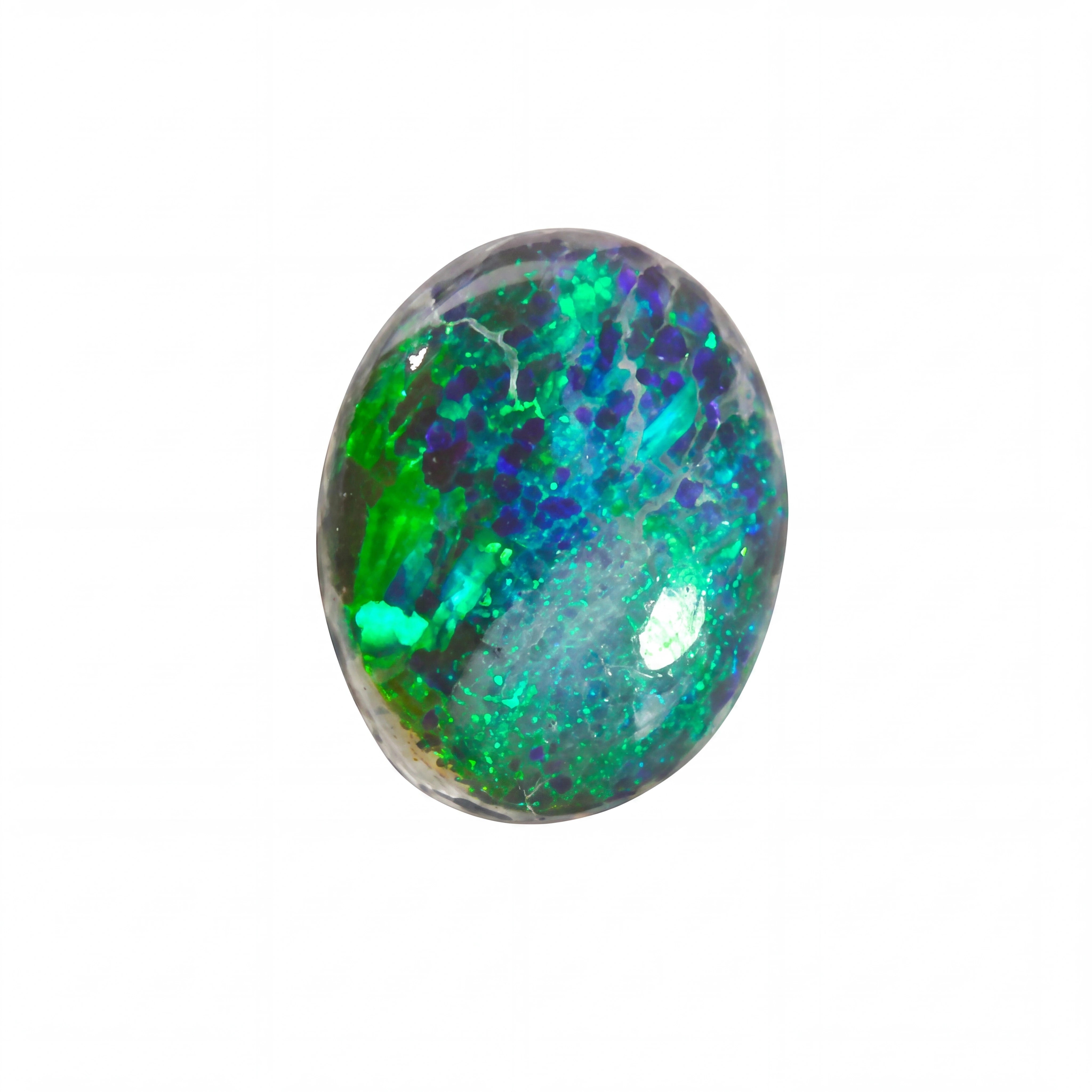 A single oval cabochon gemstone with vibrant green, blue, and purple play-of-colour, set against a plain white background.