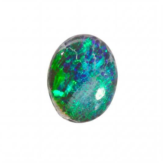 A single oval cabochon gemstone with vibrant green, blue, and purple play-of-colour, set against a plain white background.