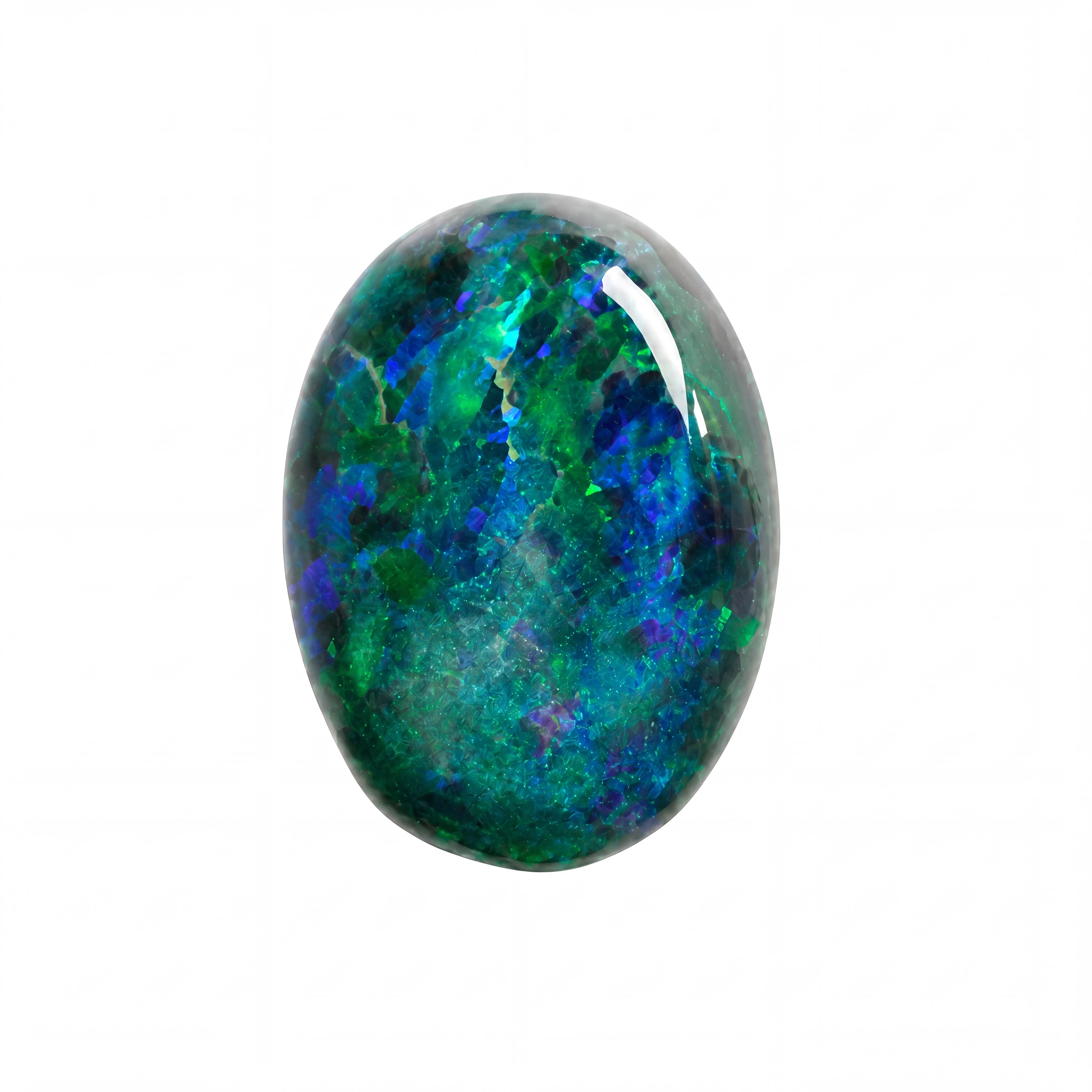 A polished oval cabochon gemstone showing vibrant iridescent play-of-colour with green, blue, and purple flashes on a white background.