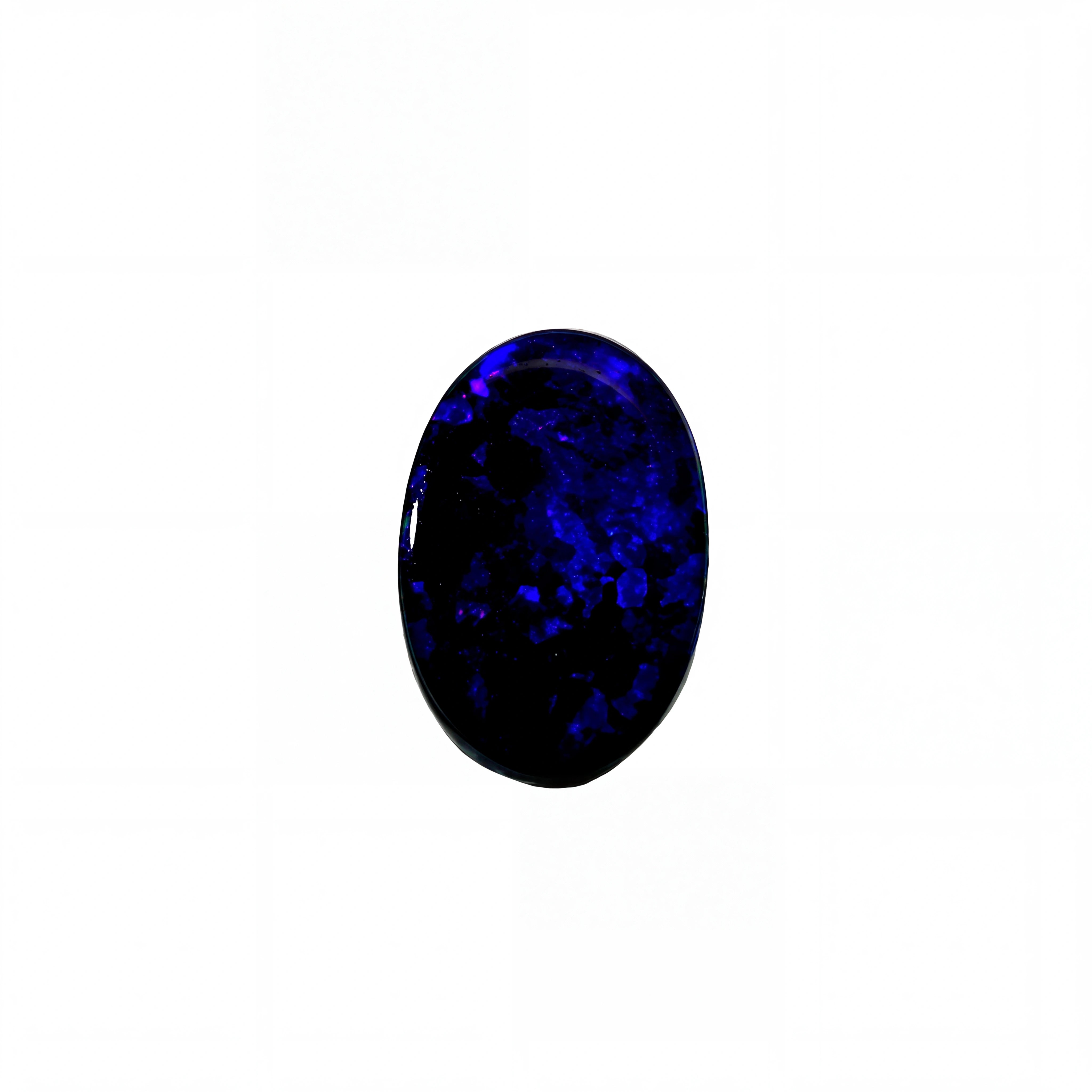 An oval-cut dark blue opal gemstone with vibrant blue flashes, set against a plain white background.
