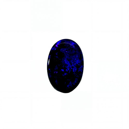 An oval-cut dark blue opal gemstone with vibrant blue flashes, set against a plain white background.