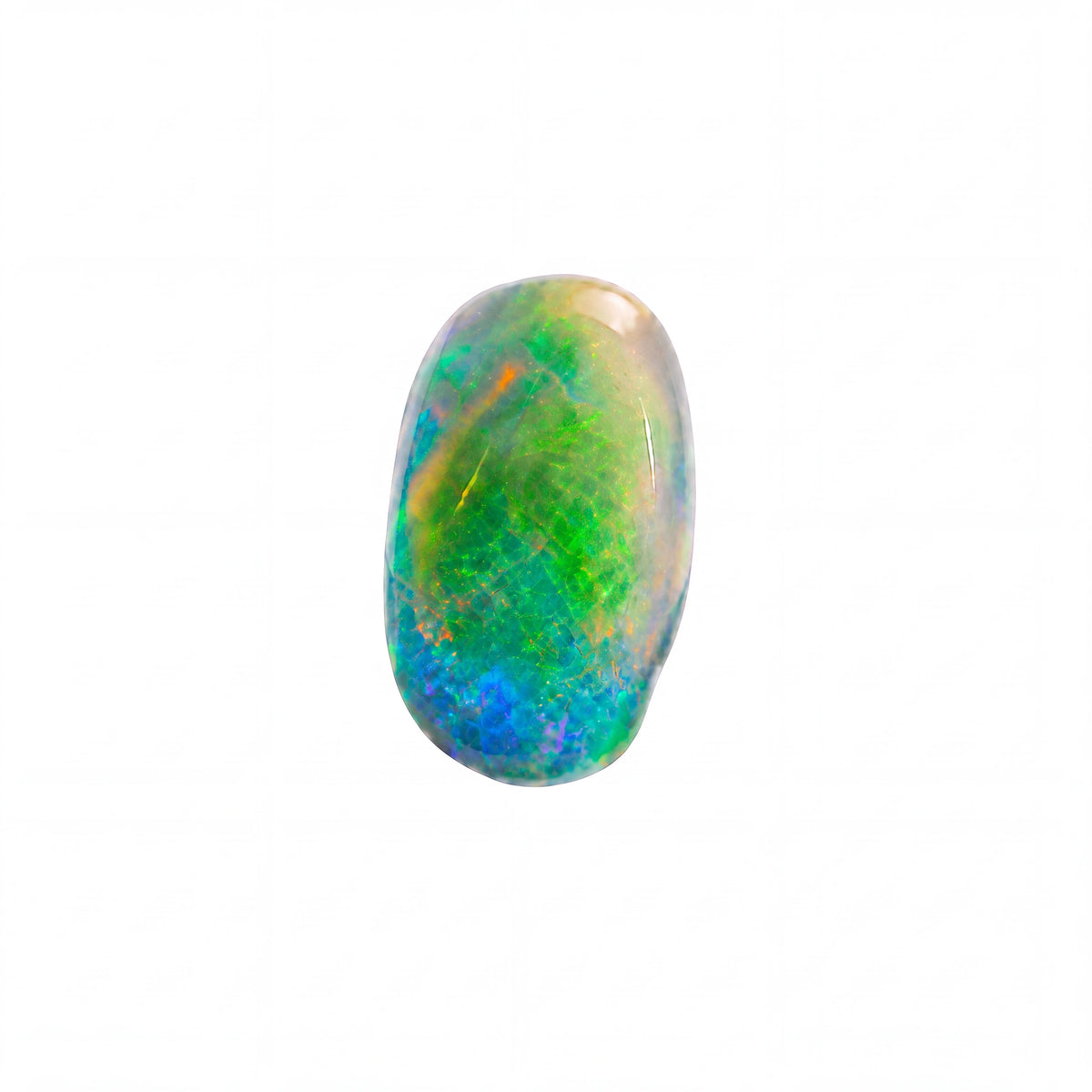A polished oval cabochon gemstone showing a vibrant play-of-colour with green, blue, orange, and white, isolated on a solid white background.