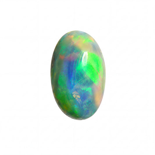 A polished oval cabochon gemstone showing a vibrant play-of-colour with green, blue, orange, and purple hues on a solid white background.