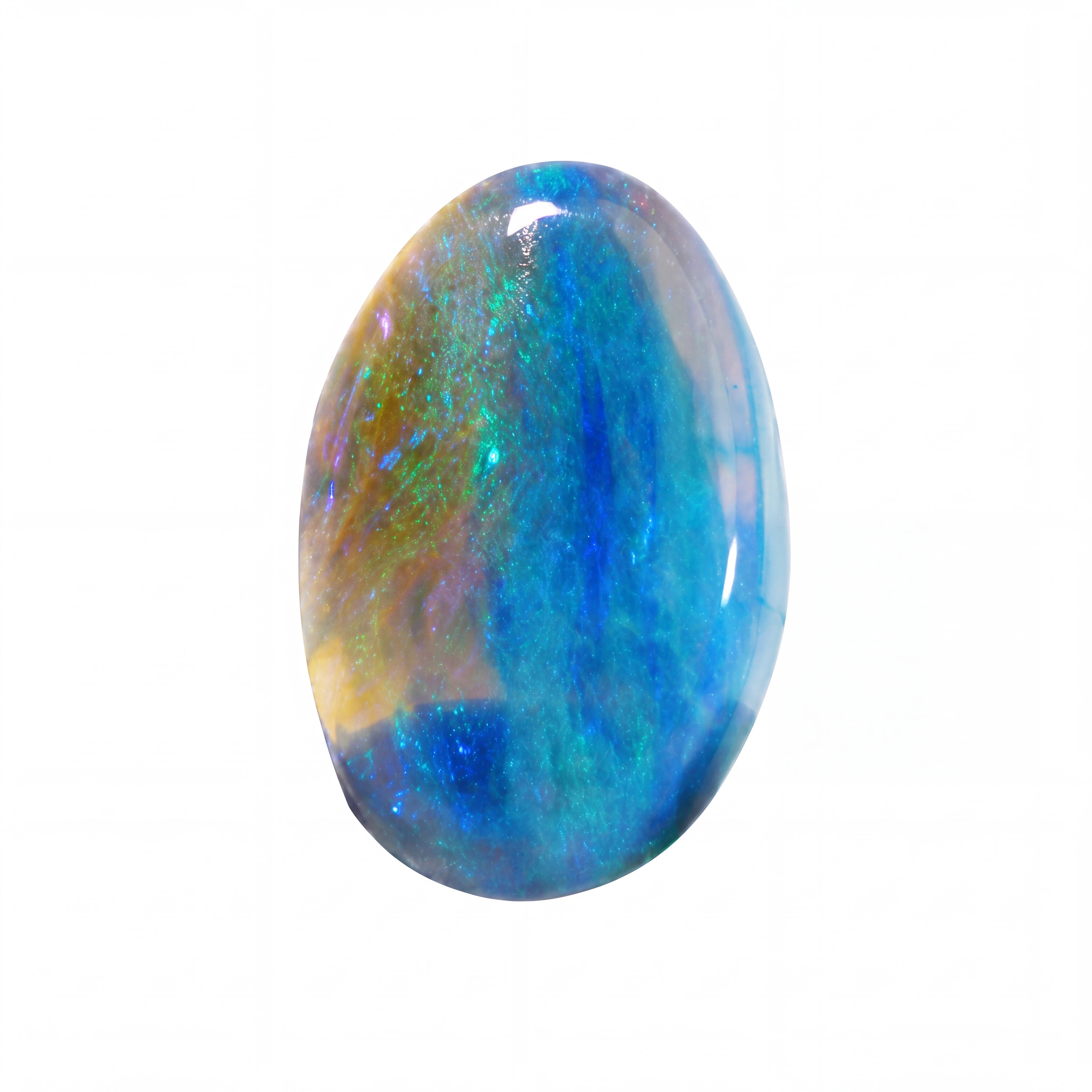 A polished oval cabochon gemstone featuring vibrant blue, green, and orange iridescent opal patterns on a clean white background.