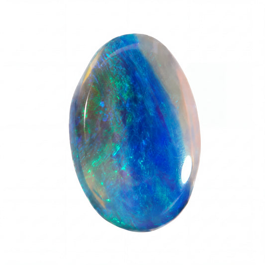 A polished oval cabochon gemstone showing a vibrant blue opal with green and orange flashes, set against a plain white background.