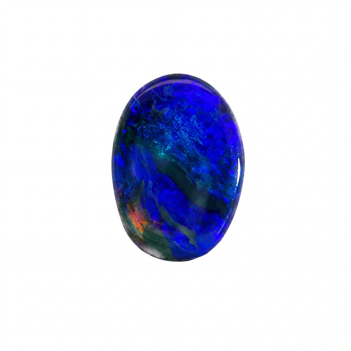 A polished oval cabochon gemstone featuring a marbled pattern of vibrant royal blue, deep navy, and hints of green with a small orange flash, set against a plain white background.