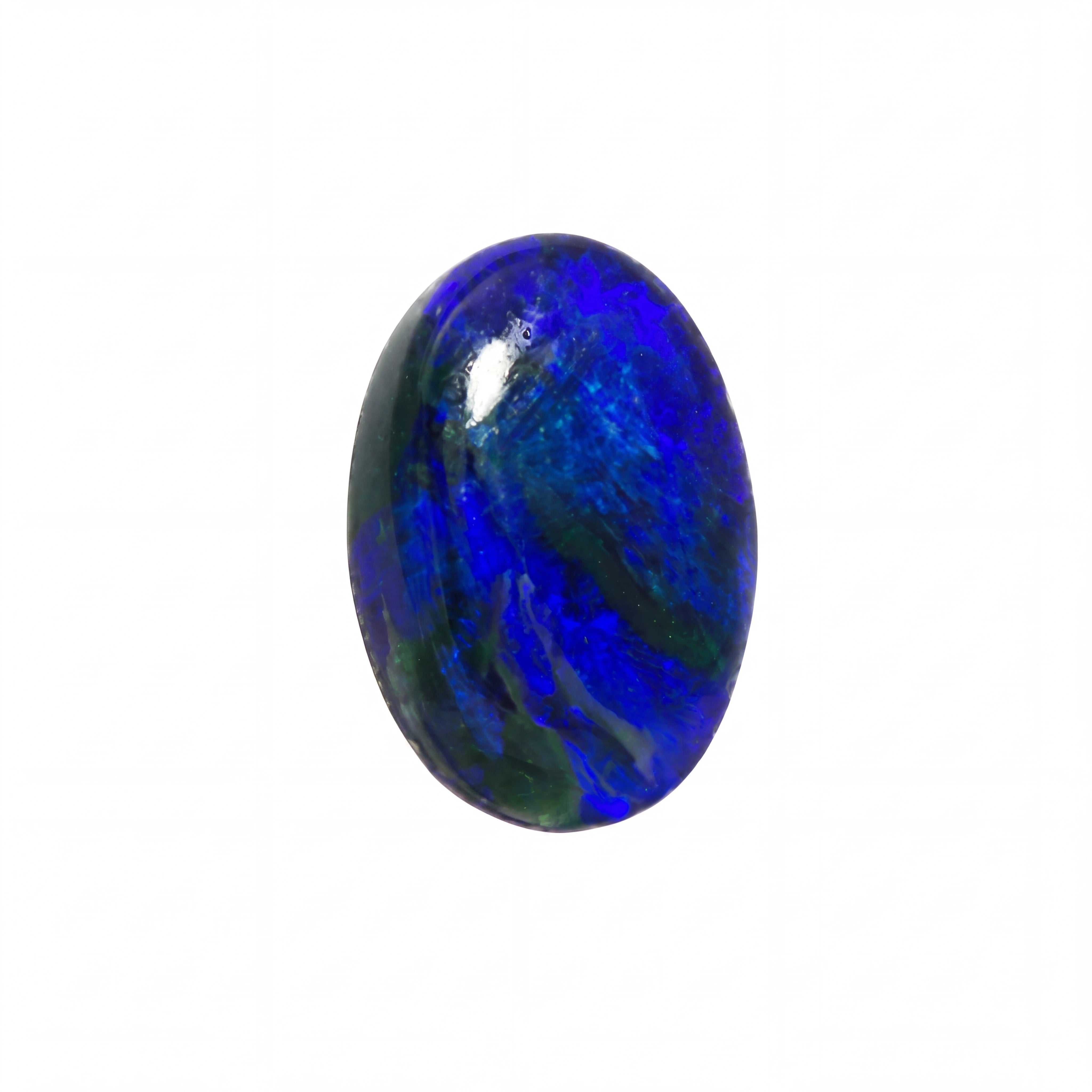 A polished oval cabochon gemstone featuring vibrant blue and deep green opal swirls, set against a plain white background.