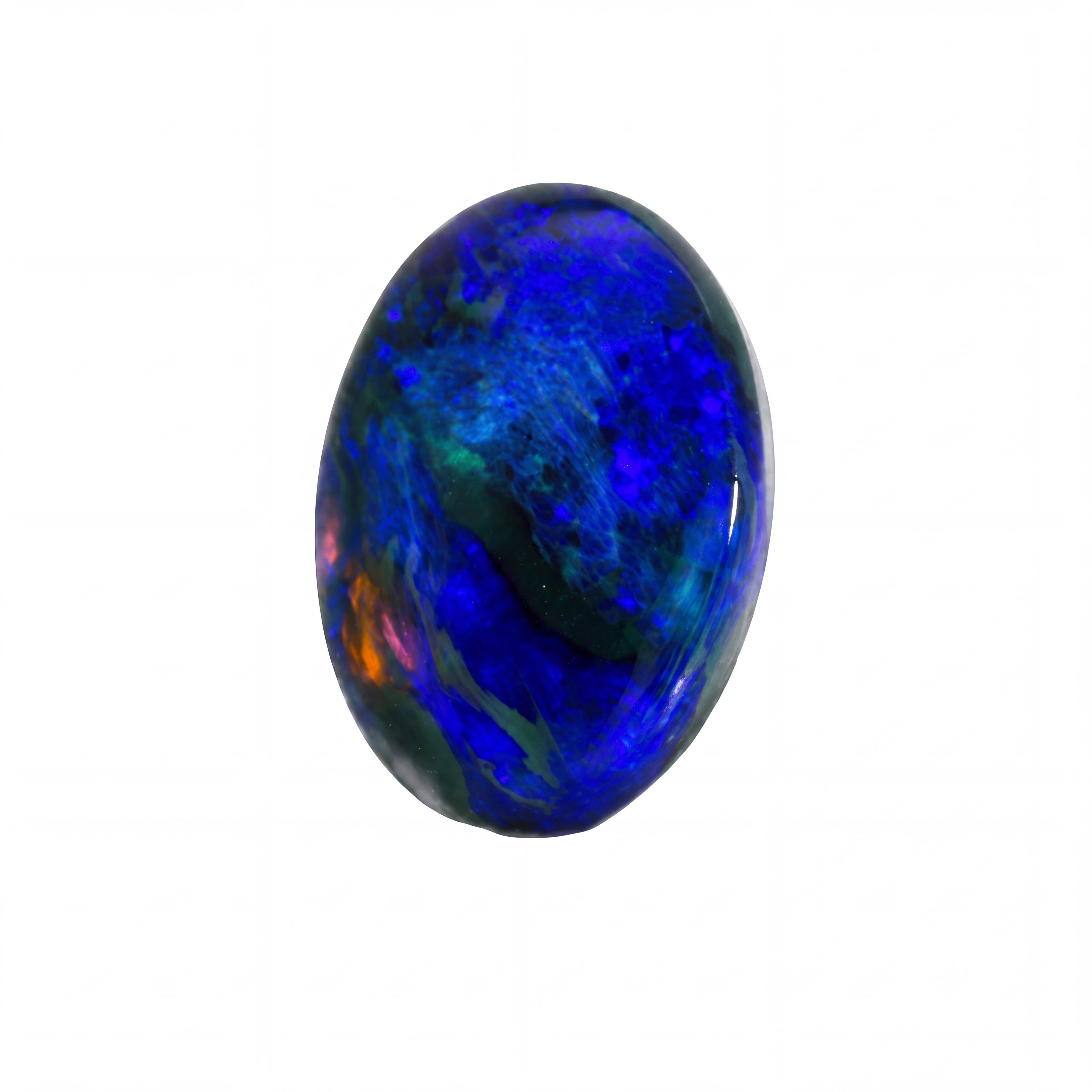 A polished oval cabochon gemstone featuring vibrant blue, green, and orange play-of-colour patterns on a solid white background.