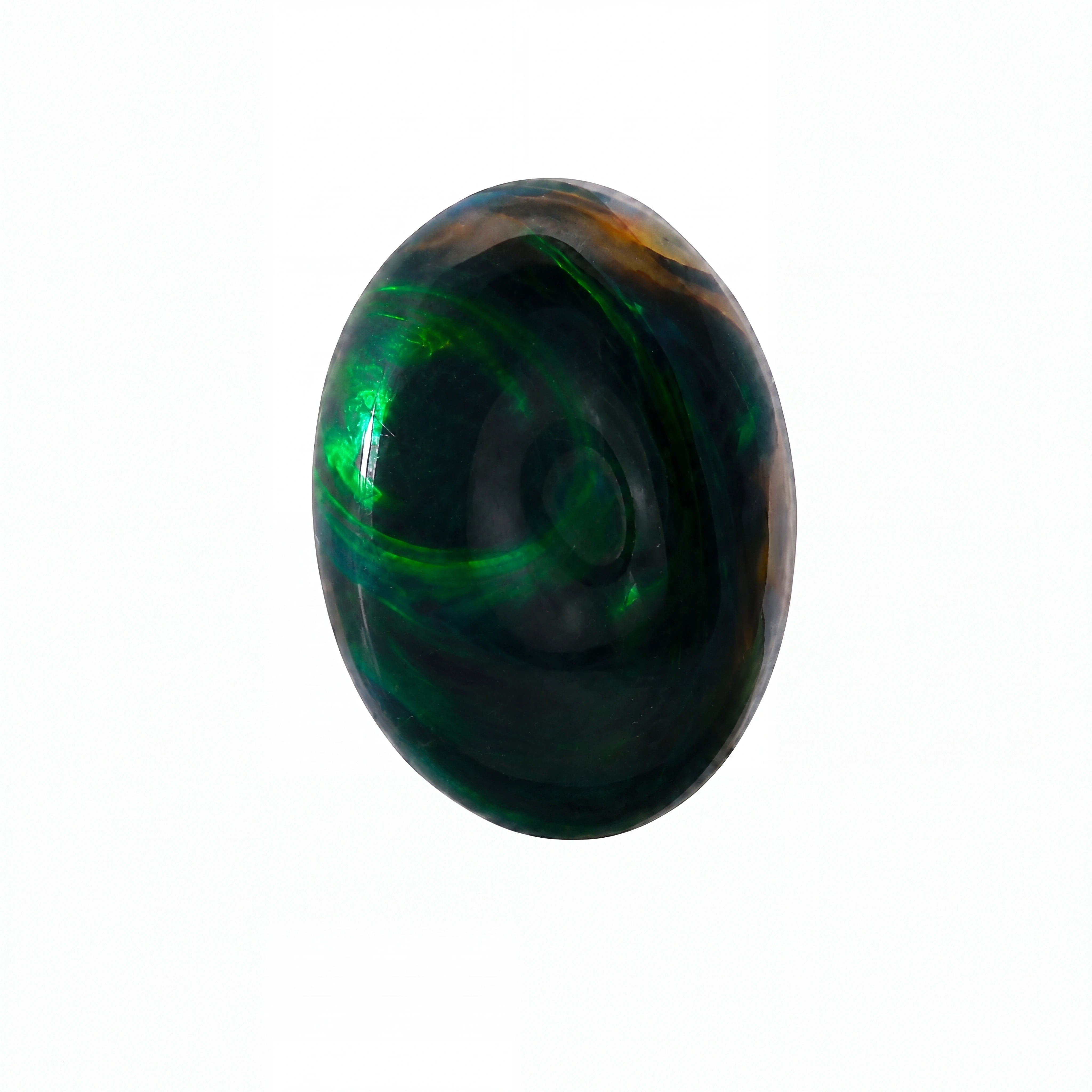 A polished oval gemstone with a dark green and black iridescent play-of-colour pattern, shown on a solid white background.