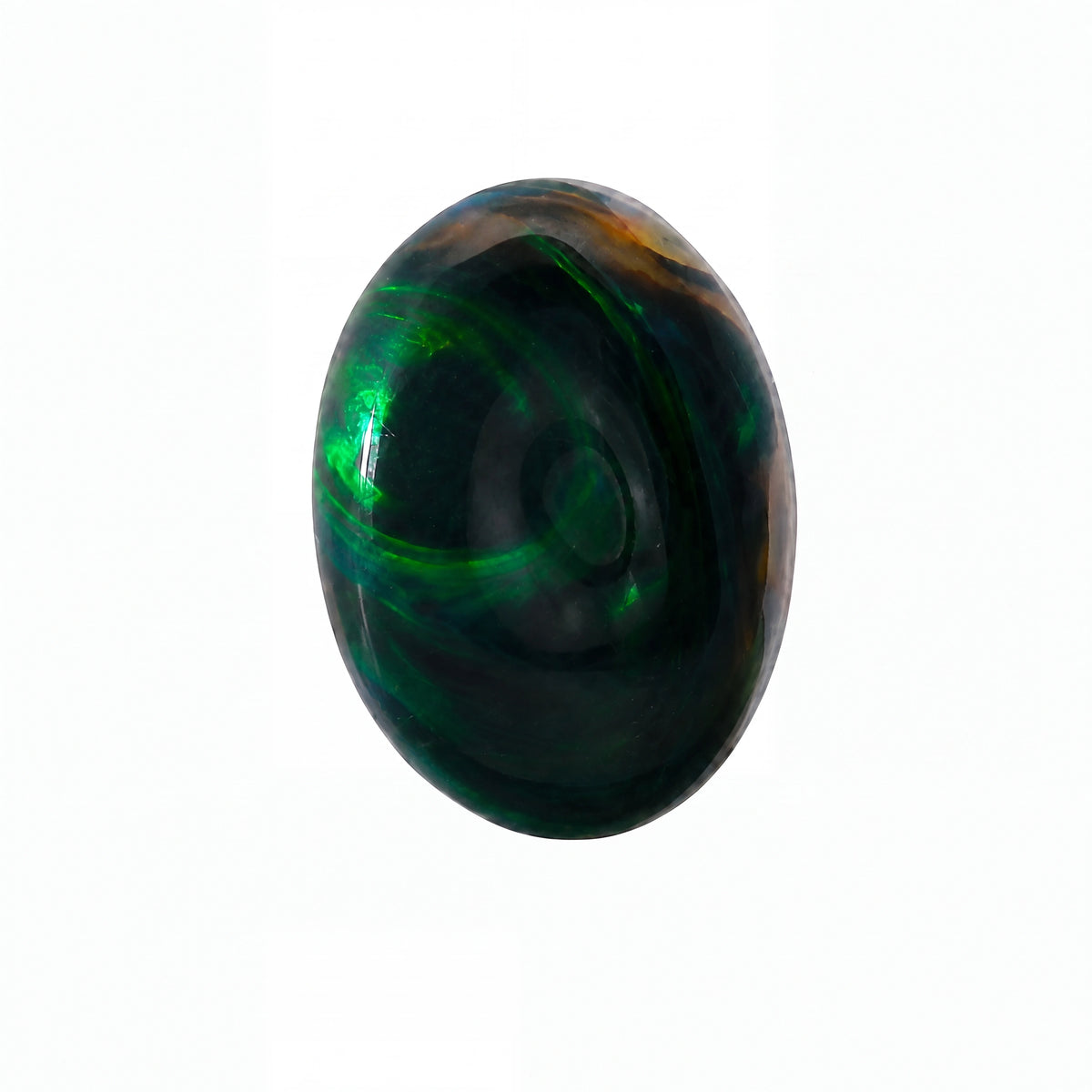 A polished oval gemstone with a dark green and black iridescent play-of-colour pattern, shown on a solid white background.