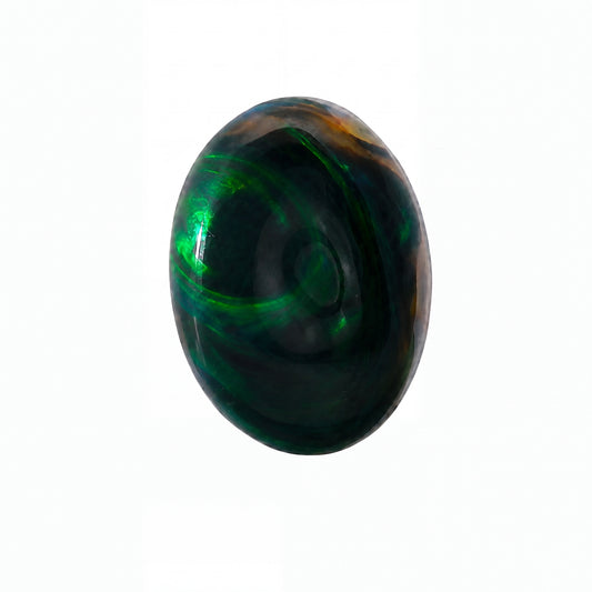 A polished oval gemstone with a dark green and black iridescent play-of-colour pattern, shown on a solid white background.