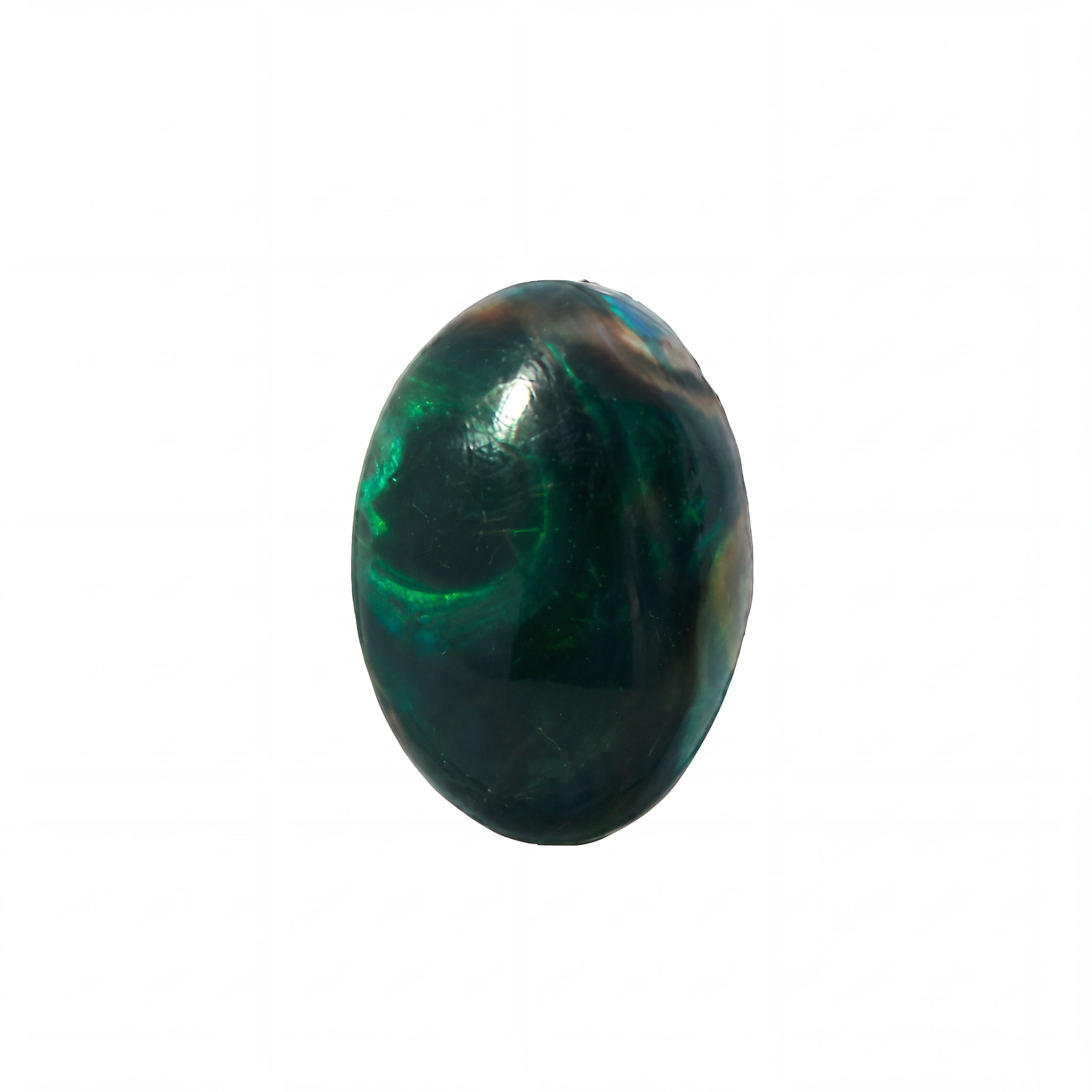 A single oval cabochon gemstone with a deep green and black base and iridescent blue-green flashes, shown on a plain white background.