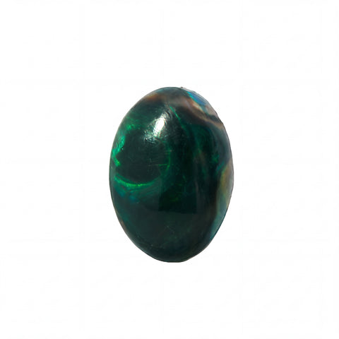 A single oval cabochon gemstone with a deep green and black base and iridescent blue-green flashes, shown on a plain white background.