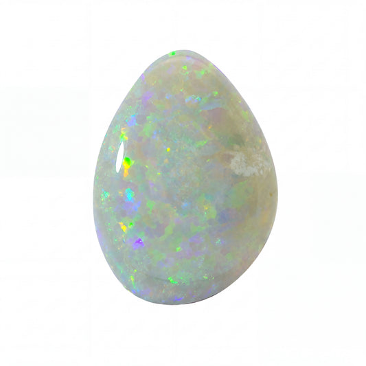 A teardrop-shaped white opal gemstone with vibrant, shifting iridescent flashes of green, blue, purple, and yellow, set against a plain white background.