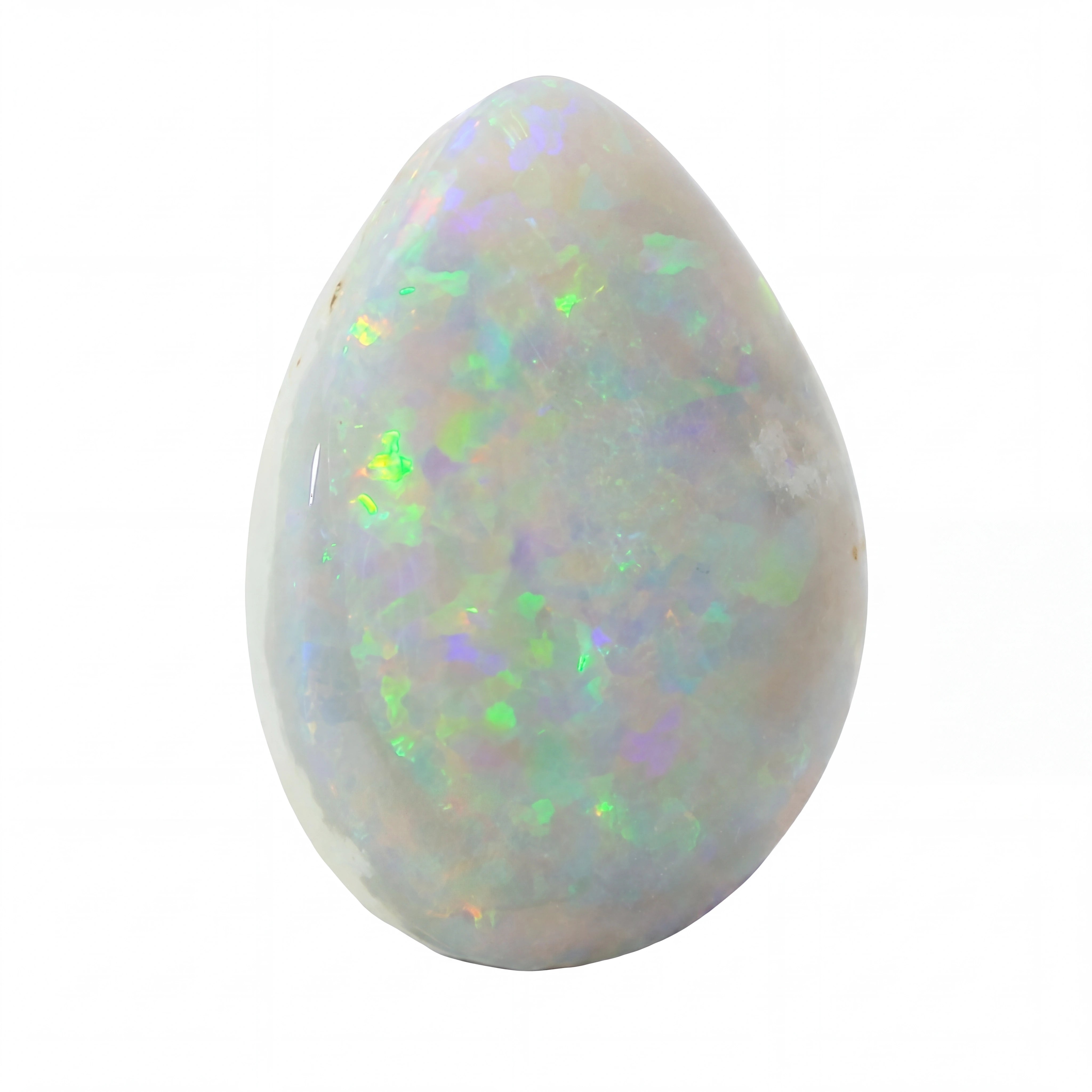 A teardrop-shaped white opal gemstone with vibrant iridescent flashes of green, blue, and purple, isolated on a solid white background.