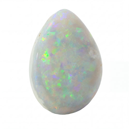 A teardrop-shaped white opal gemstone with vibrant iridescent flashes of green, blue, and purple, isolated on a solid white background.