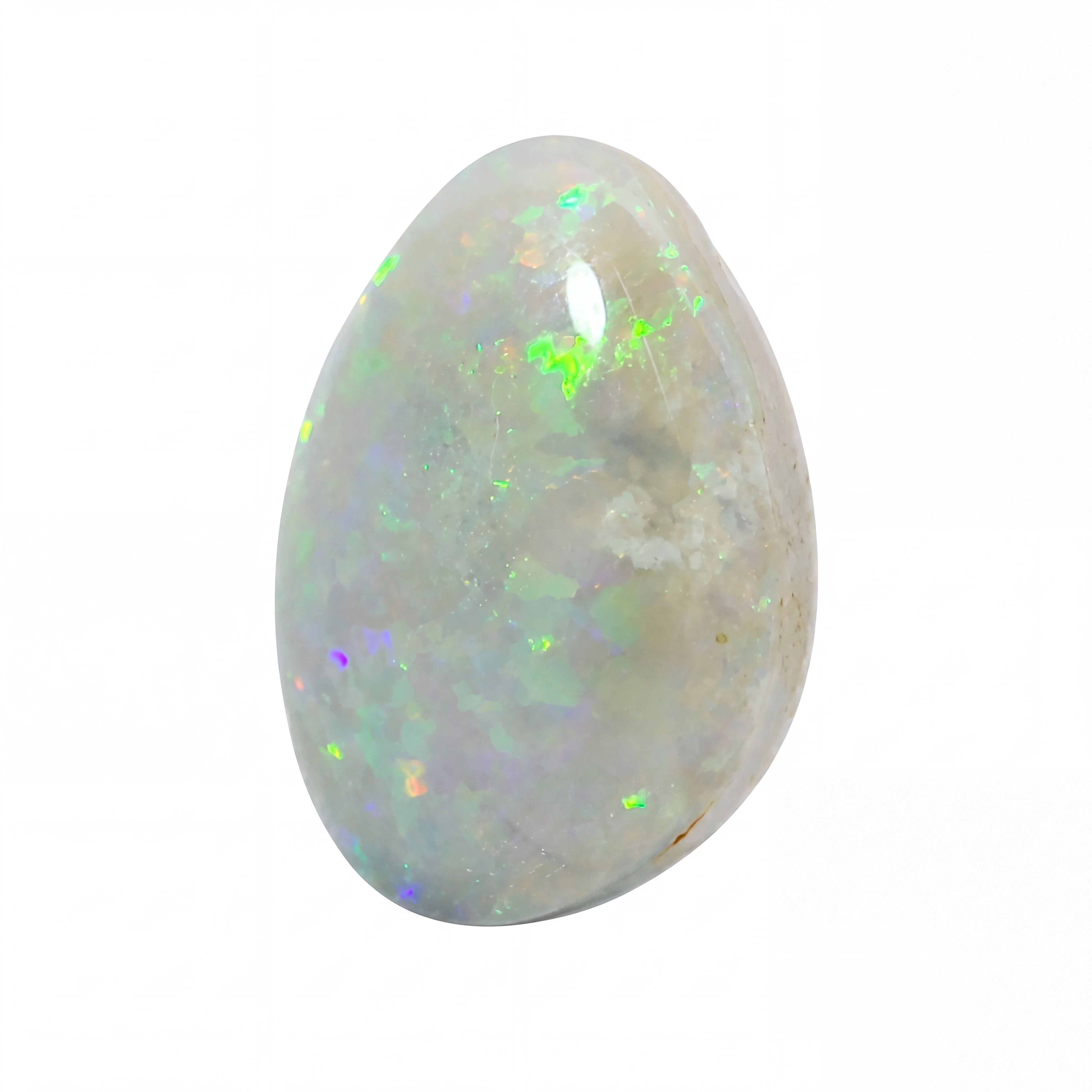 A polished teardrop-shaped white opal gemstone with vibrant flashes of green, blue, and orange iridescence, set against a plain white background.
