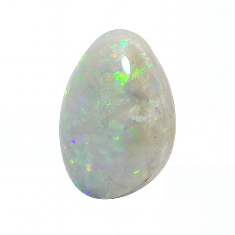 A polished teardrop-shaped white opal gemstone with vibrant flashes of green, blue, and orange iridescence, set against a plain white background.