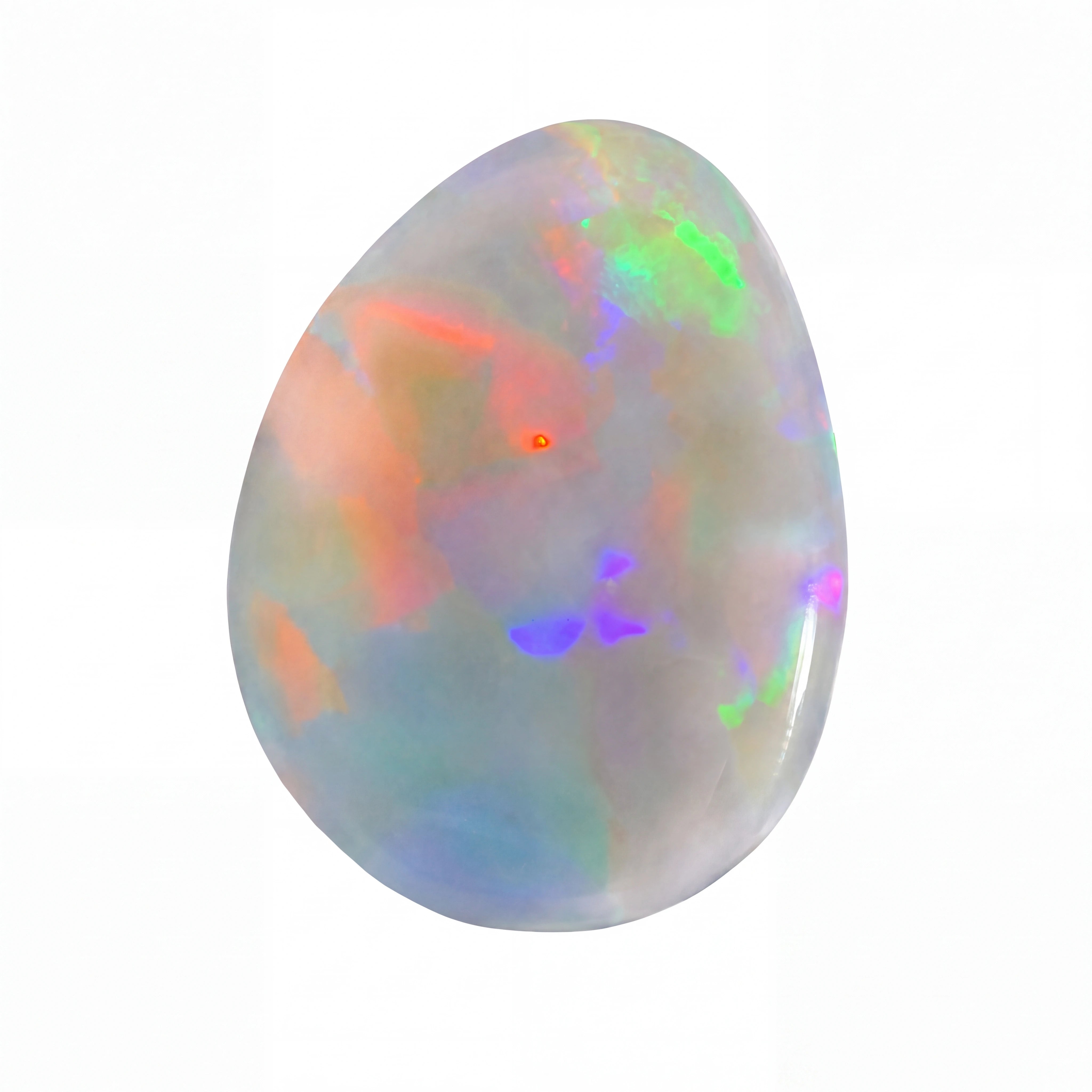 A polished white opal gemstone with vibrant, shifting iridescent colours including green, orange, purple, and blue, isolated on a solid white background.