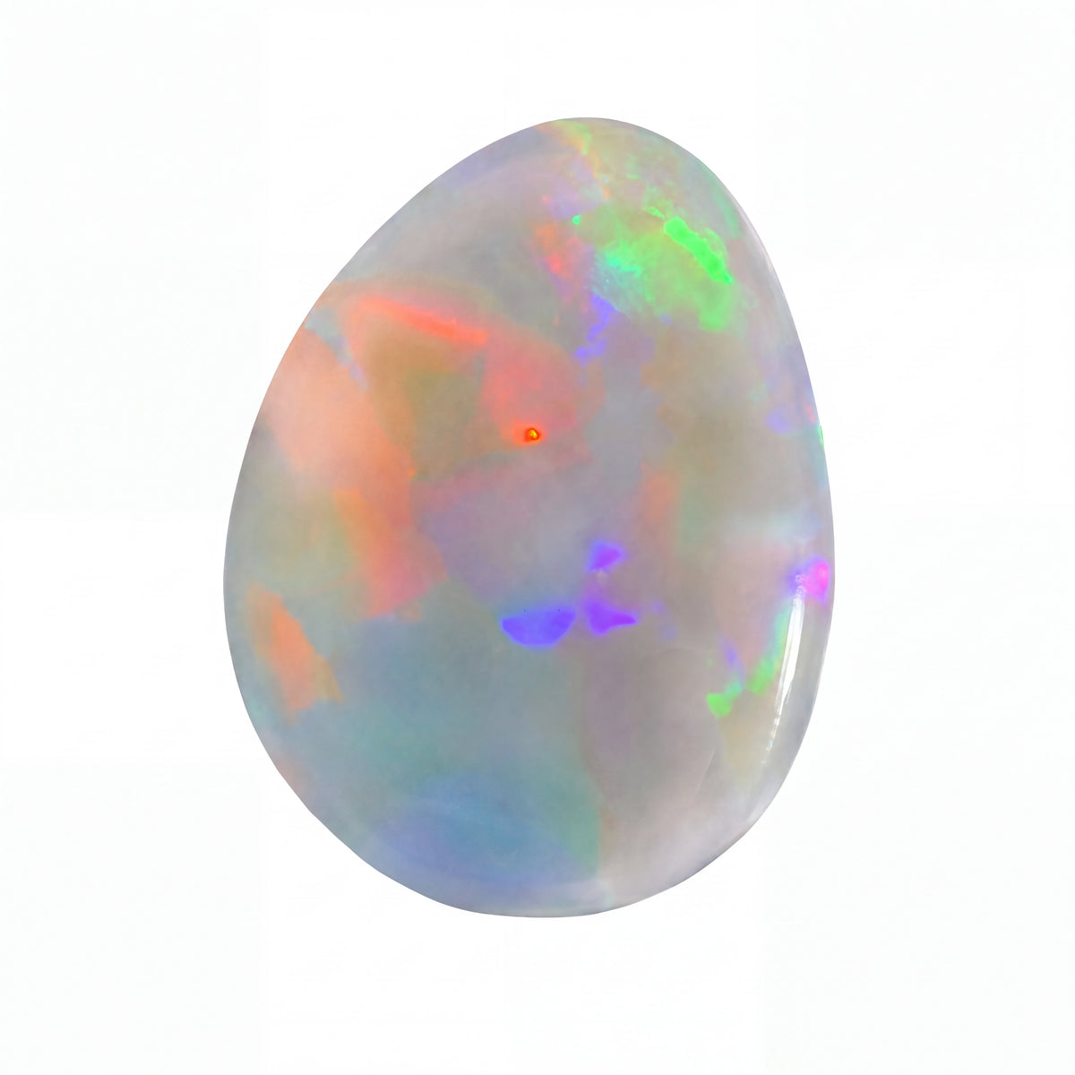 A polished white opal gemstone with vibrant, shifting iridescent colours including green, orange, purple, and blue, isolated on a solid white background.