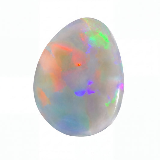 A polished white opal gemstone with vibrant, shifting iridescent colours including green, orange, purple, and blue, isolated on a solid white background.