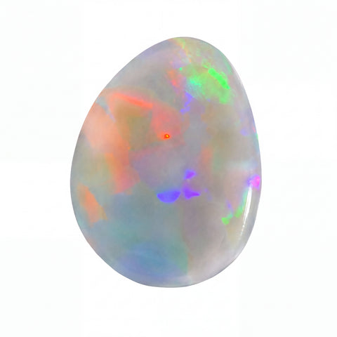 A polished white opal gemstone with vibrant, shifting iridescent colours including green, orange, purple, and blue, isolated on a solid white background.