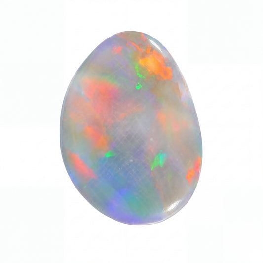 A polished teardrop-shaped cabochon opal gemstone displaying a play-of-colour with vibrant flashes of orange, green, blue, and purple on a white background.