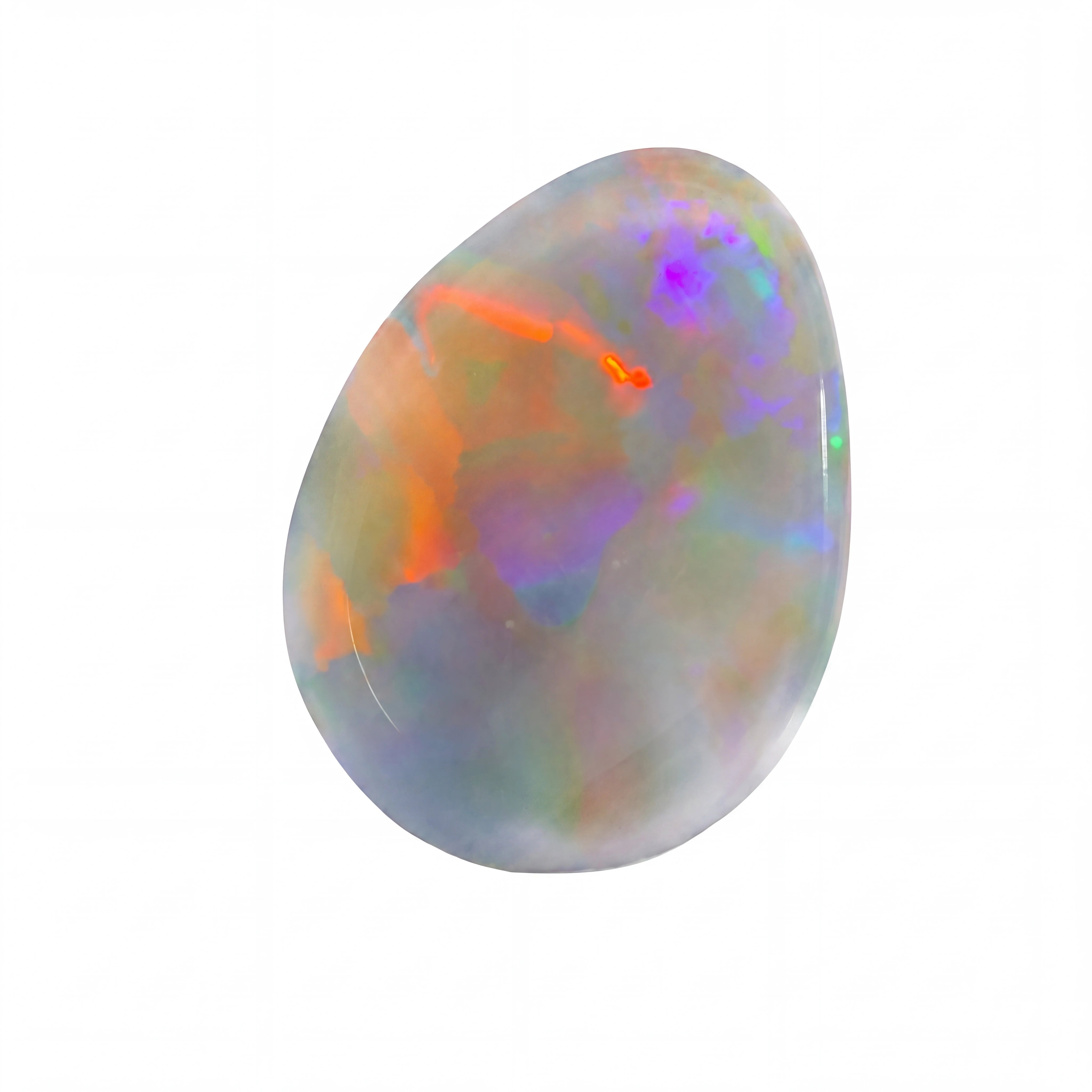 A polished oval cabochon opal gemstone displaying a play-of-colour with vibrant orange, purple, blue, and green iridescent bands on a white background.