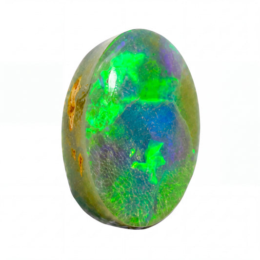 A polished oval opal gemstone displaying vibrant iridescent colours including bright green, blue, purple, and hints of orange, set against a plain white background.