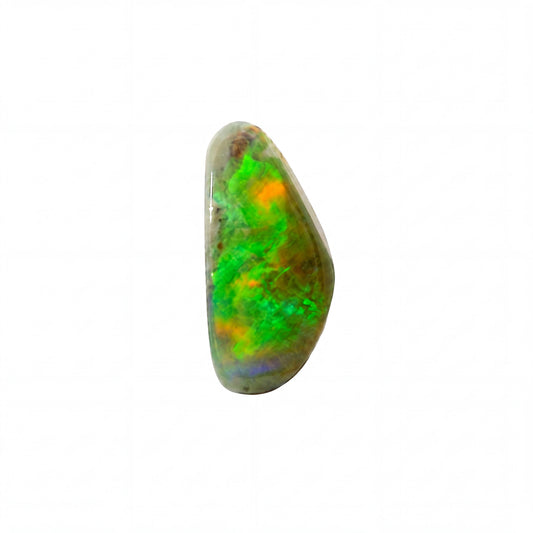 A polished natural opal gemstone with vibrant green, orange, and blue flashes on a light grey base, isolated on a solid white background.