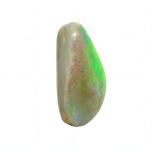 A polished natural opal stone with a teardrop shape, displaying a mix of grey, beige, and vibrant green iridescent colours, isolated on a white background.